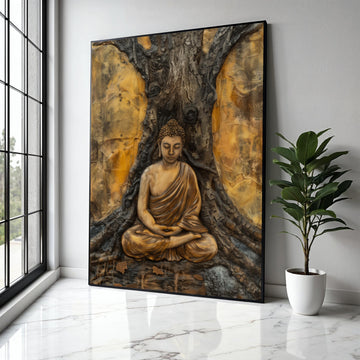 Serene Buddha Meditation Canvas, Spiritual Wall Art, Zen Statue Artwork, Tranquil Home Decor, Buddha under Tree Gift Art, Home Decor, Print