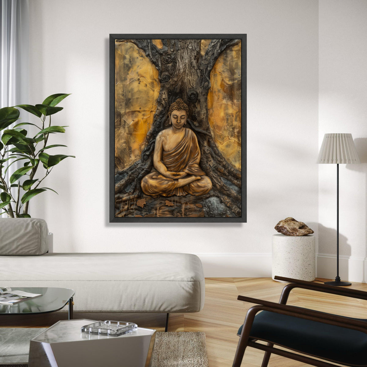 Serene Buddha Meditation Canvas, Spiritual Wall Art, Zen Statue Artwork, Tranquil Home Decor, Buddha under Tree Gift Art, Home Decor, Print
