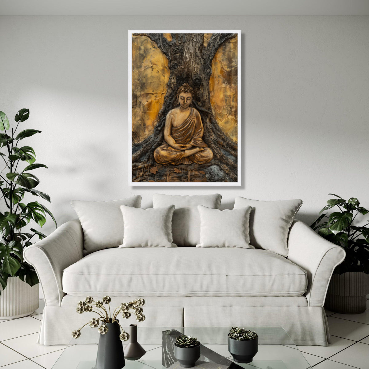 Serene Buddha Meditation Canvas, Spiritual Wall Art, Zen Statue Artwork, Tranquil Home Decor, Buddha under Tree Gift Art, Home Decor, Print