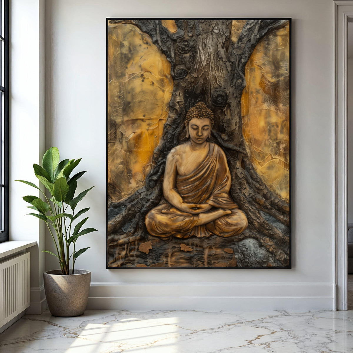 Serene Buddha Meditation Canvas, Spiritual Wall Art, Zen Statue Artwork, Tranquil Home Decor, Buddha under Tree Gift Art, Home Decor, Print