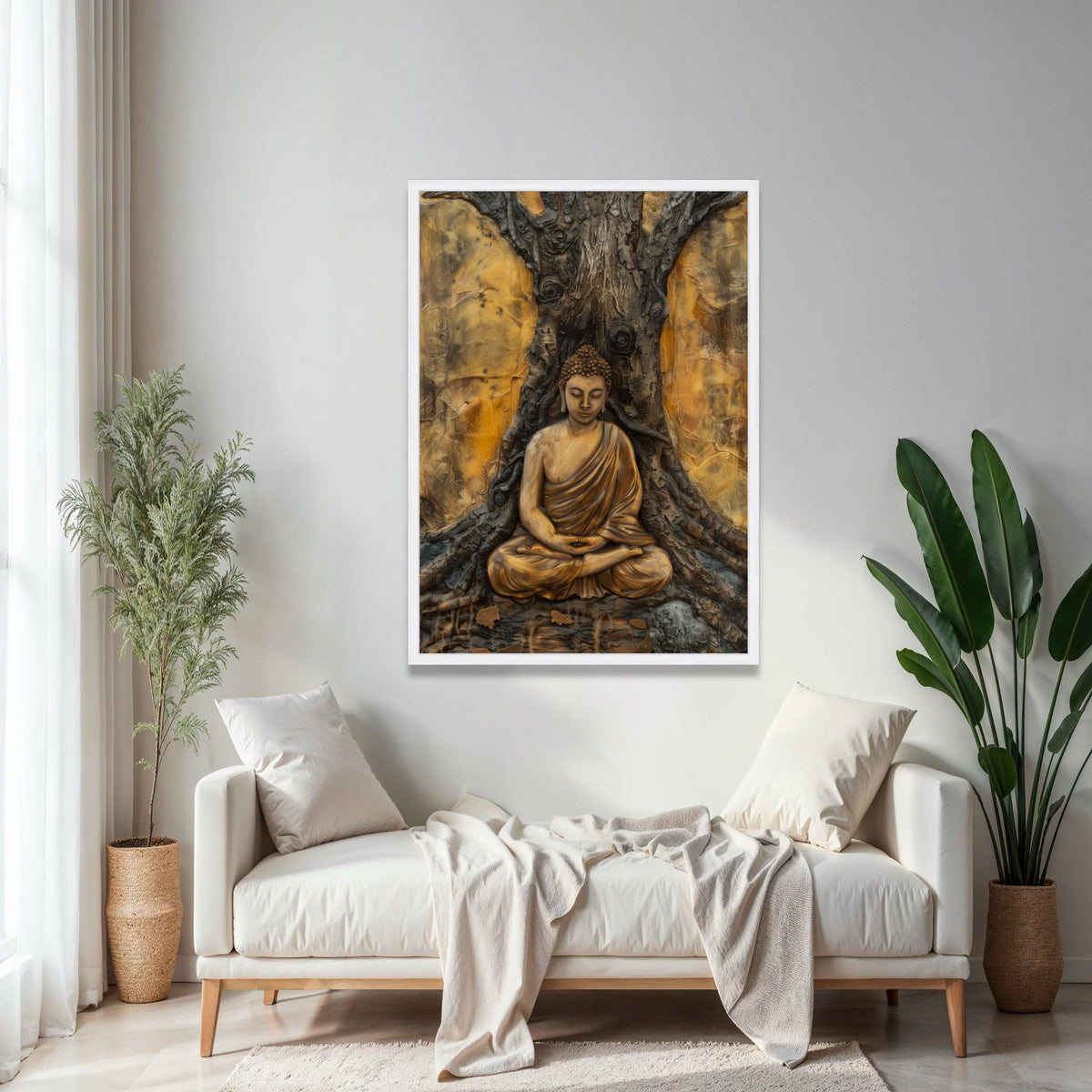 Serene Buddha Meditation Canvas, Spiritual Wall Art, Zen Statue Artwork, Tranquil Home Decor, Buddha under Tree Gift Art, Home Decor, Print