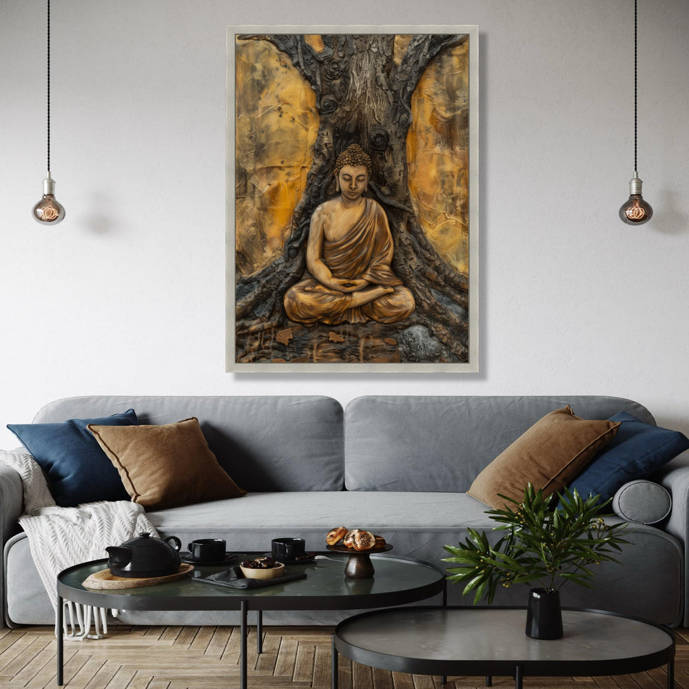 Serene Buddha Meditation Canvas, Spiritual Wall Art, Zen Statue Artwork, Tranquil Home Decor, Buddha under Tree Gift Art, Home Decor, Print