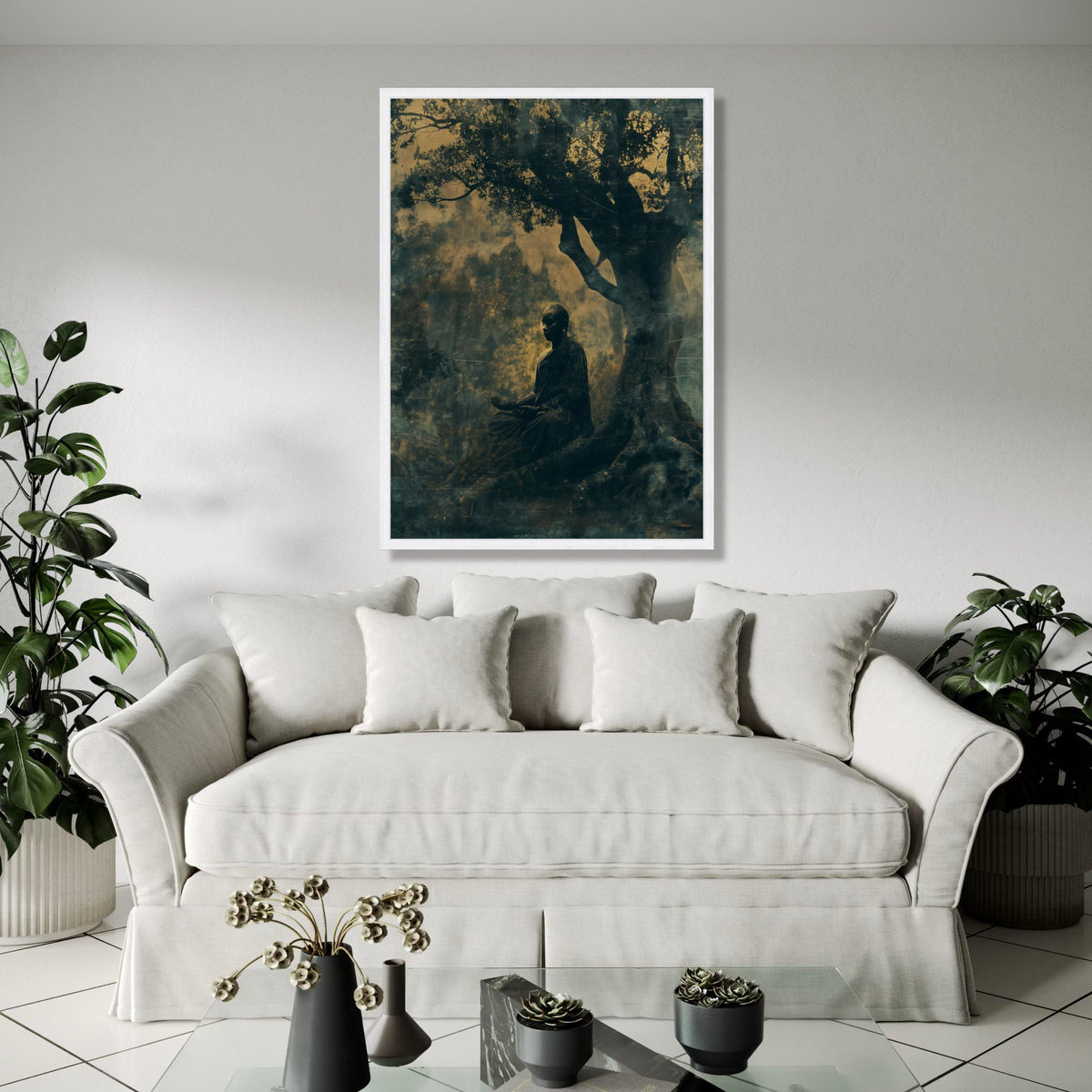 Meditative Buddha Under Bodhi Tree, Spiritual Canvas Wall Art, Zen Meditation Decor, Mindfulness Artwork, Gift Art, Home Decor, Print