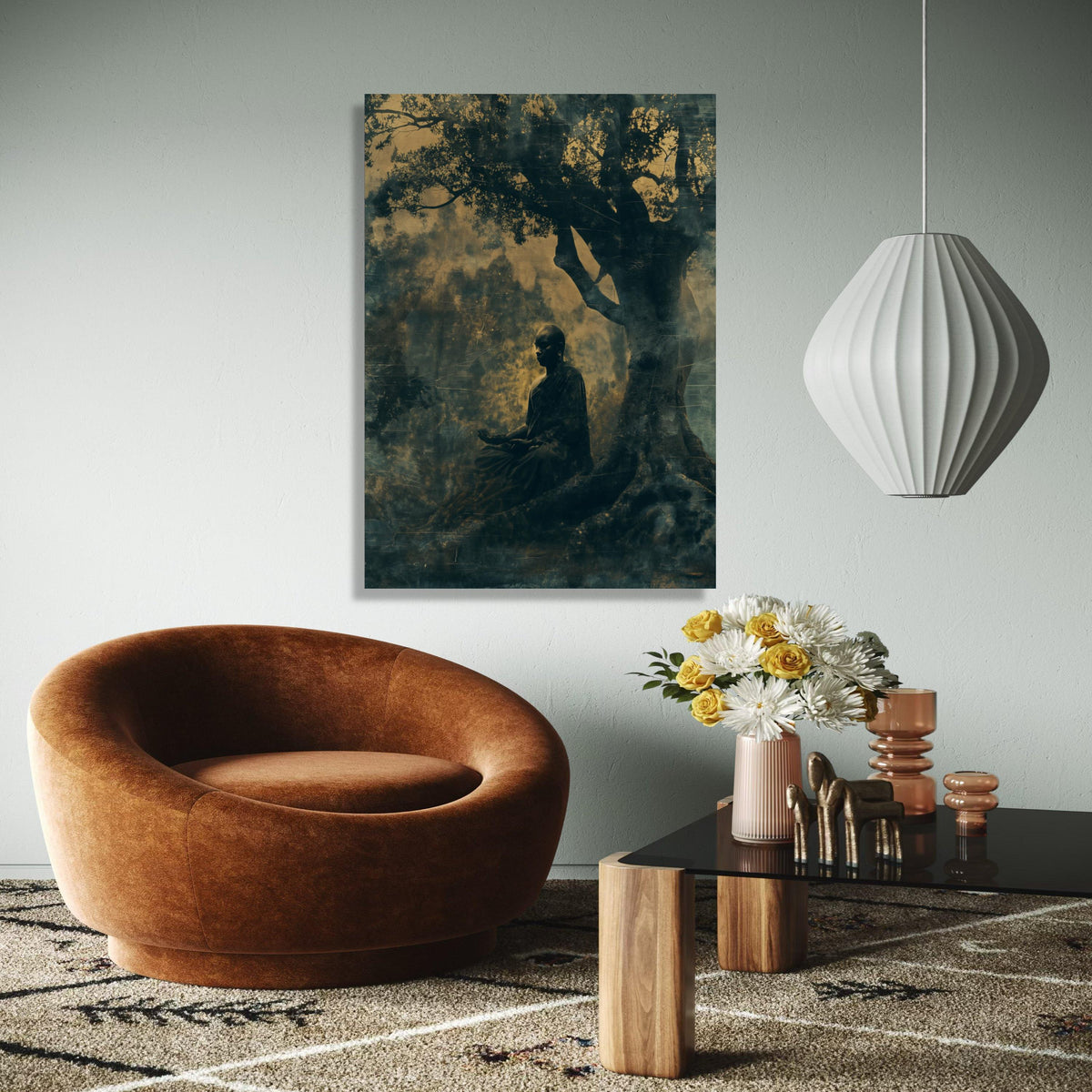 Meditative Buddha Under Bodhi Tree, Spiritual Canvas Wall Art, Zen Meditation Decor, Mindfulness Artwork, Gift Art, Home Decor, Print