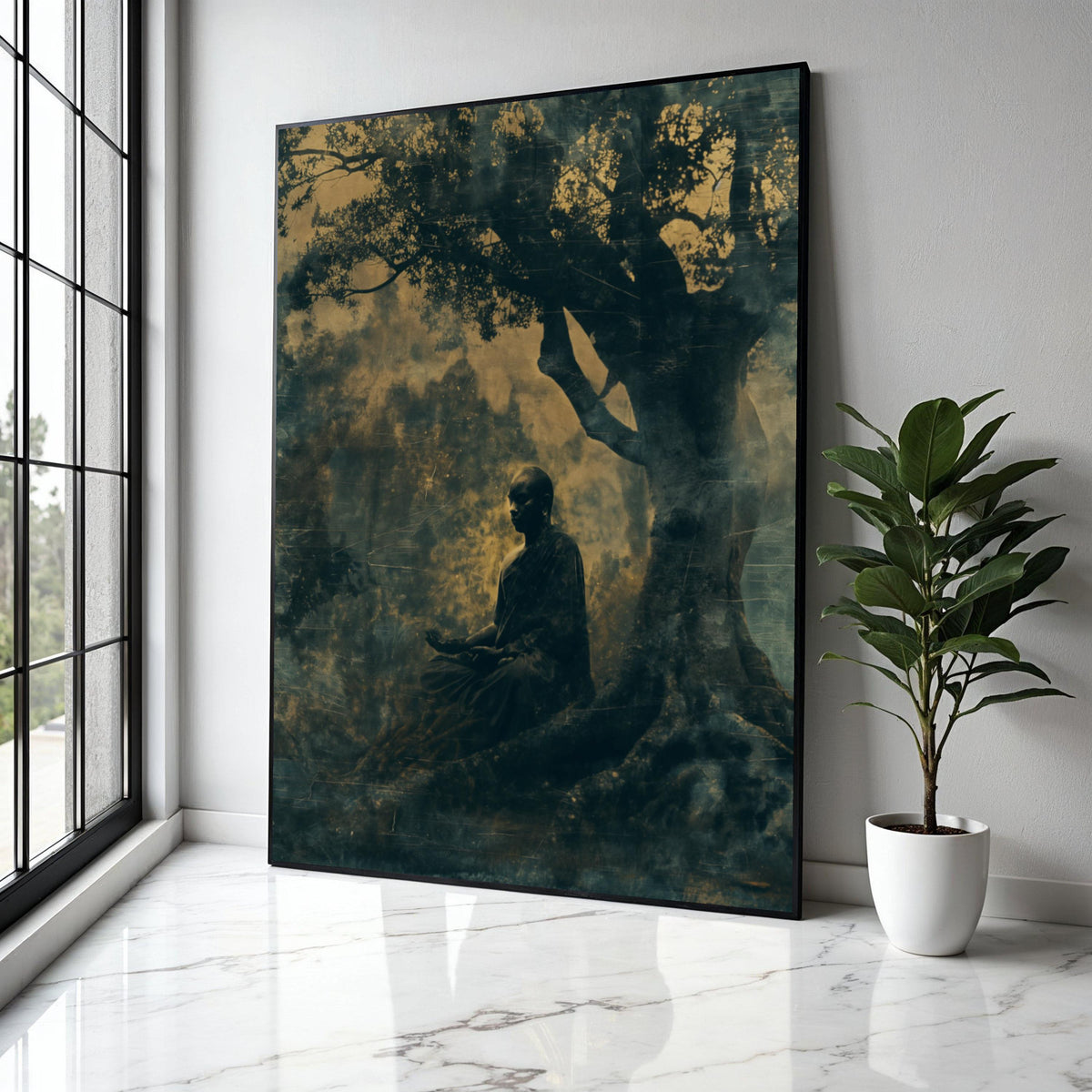 Meditative Buddha Under Bodhi Tree, Spiritual Canvas Wall Art, Zen Meditation Decor, Mindfulness Artwork, Gift Art, Home Decor, Print