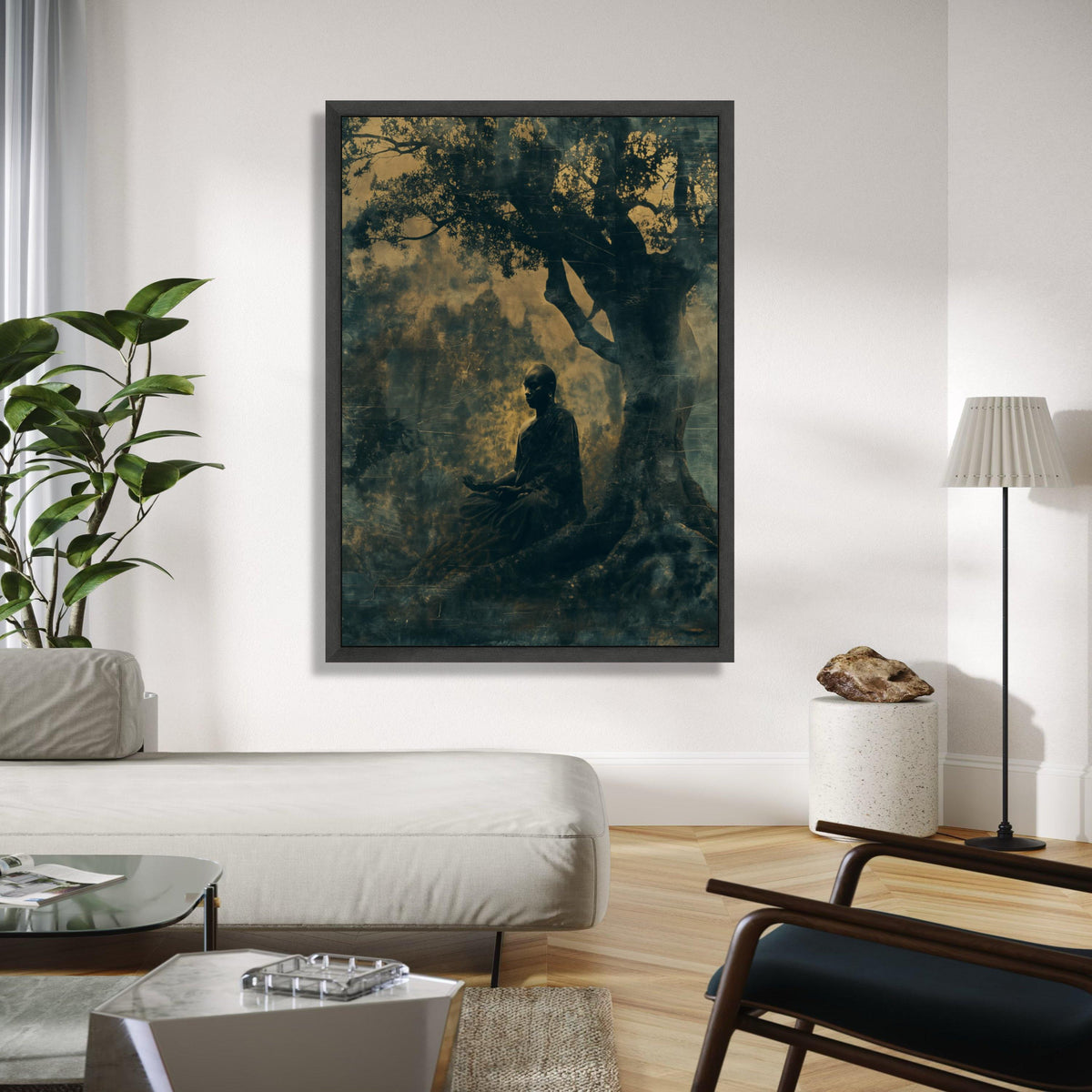 Meditative Buddha Under Bodhi Tree, Spiritual Canvas Wall Art, Zen Meditation Decor, Mindfulness Artwork, Gift Art, Home Decor, Print