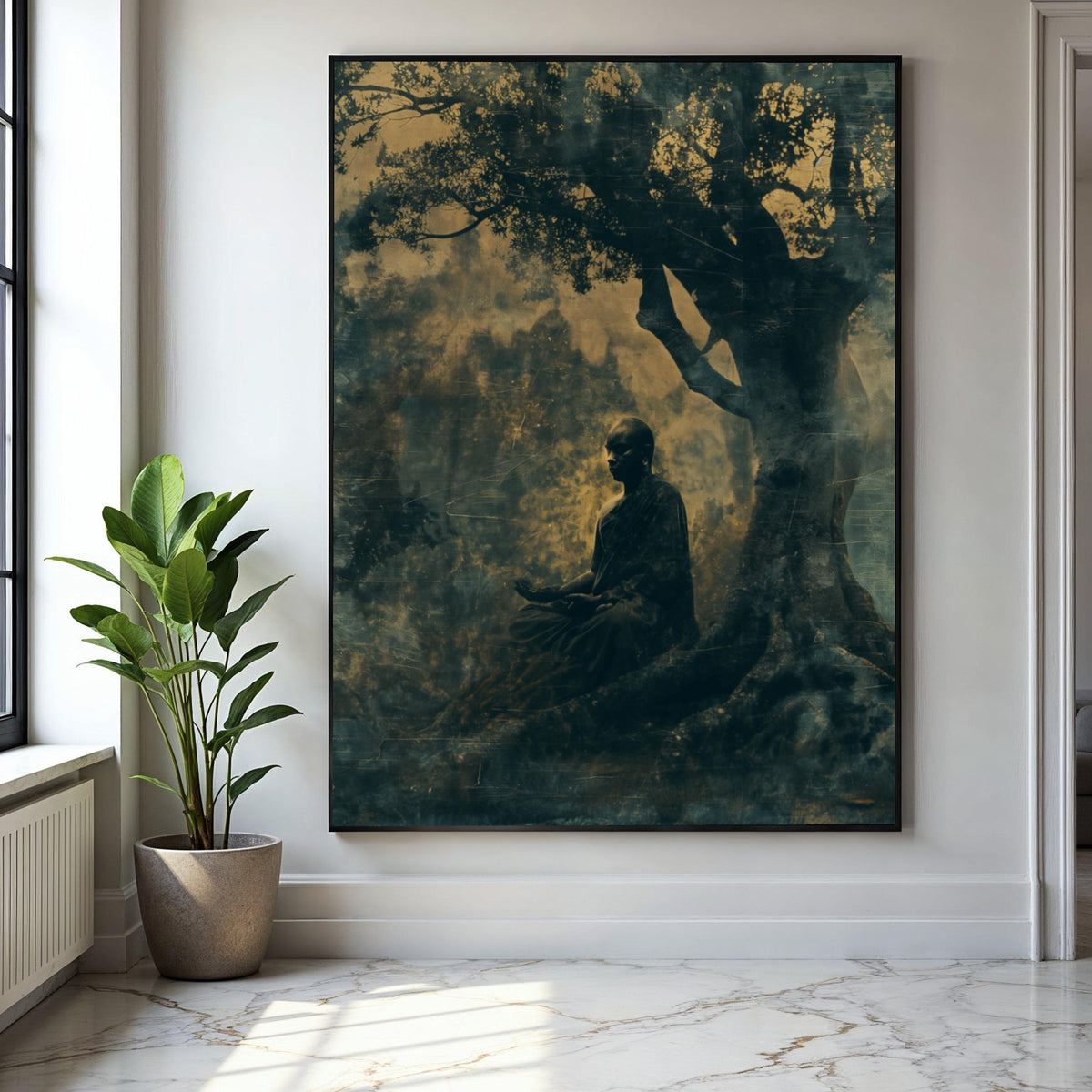 Meditative Buddha Under Bodhi Tree, Spiritual Canvas Wall Art, Zen Meditation Decor, Mindfulness Artwork, Gift Art, Home Decor, Print