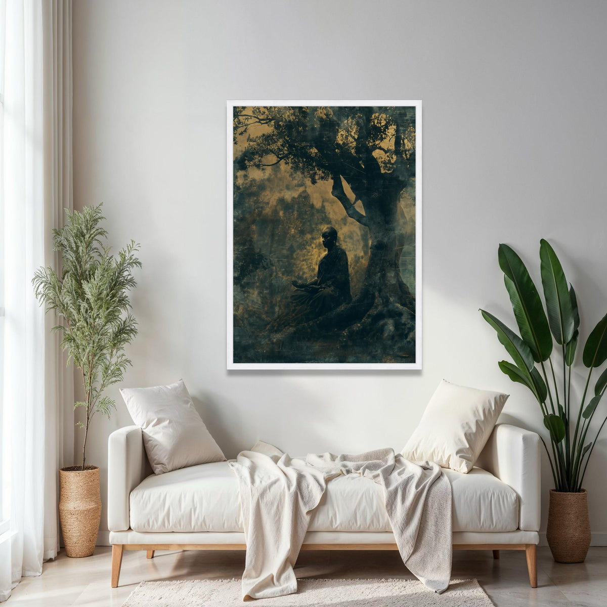 Meditative Buddha Under Bodhi Tree, Spiritual Canvas Wall Art, Zen Meditation Decor, Mindfulness Artwork, Gift Art, Home Decor, Print