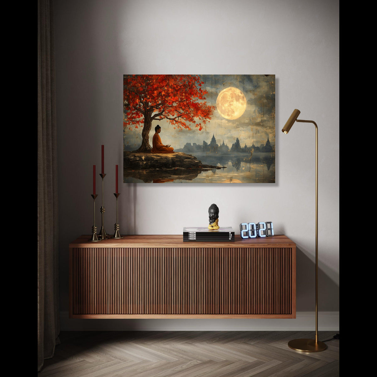 Meditative Buddha Under Red Maple Tree Canvas, Full Moon Serenity Wall Art, Tranquil Asian Landscape Painting, Gift Art, Home Decor, Print