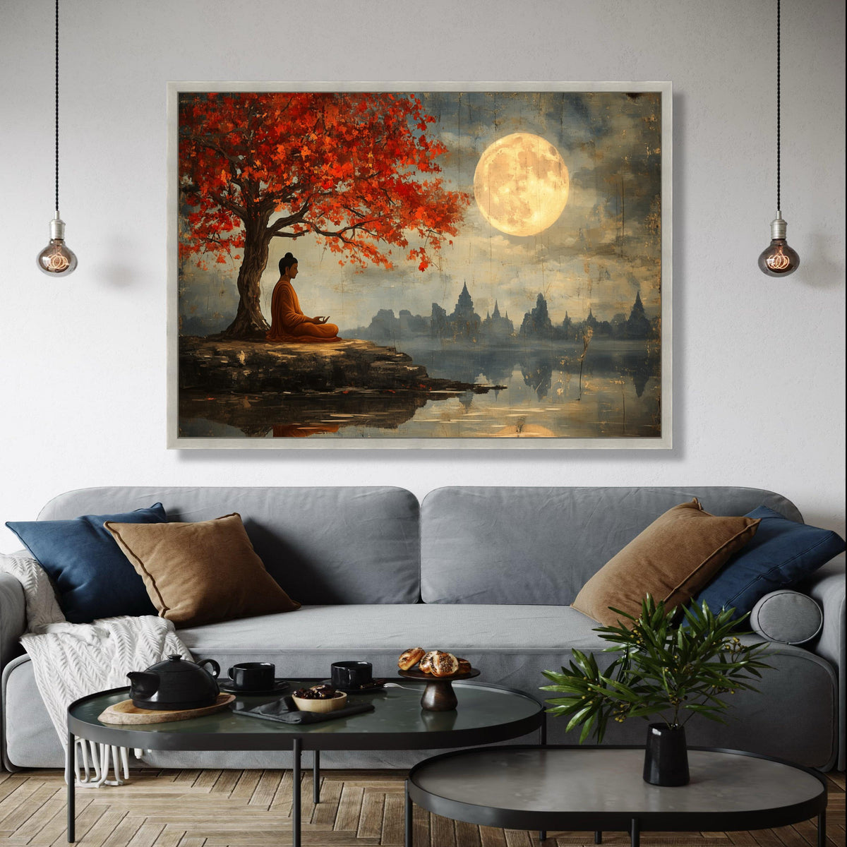 Meditative Buddha Under Red Maple Tree Canvas, Full Moon Serenity Wall Art, Tranquil Asian Landscape Painting, Gift Art, Home Decor, Print