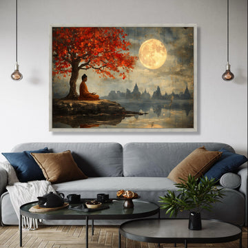 Meditative Buddha Under Red Maple Tree Canvas, Full Moon Serenity Wall Art, Tranquil Asian Landscape Painting, Gift Art, Home Decor, Print