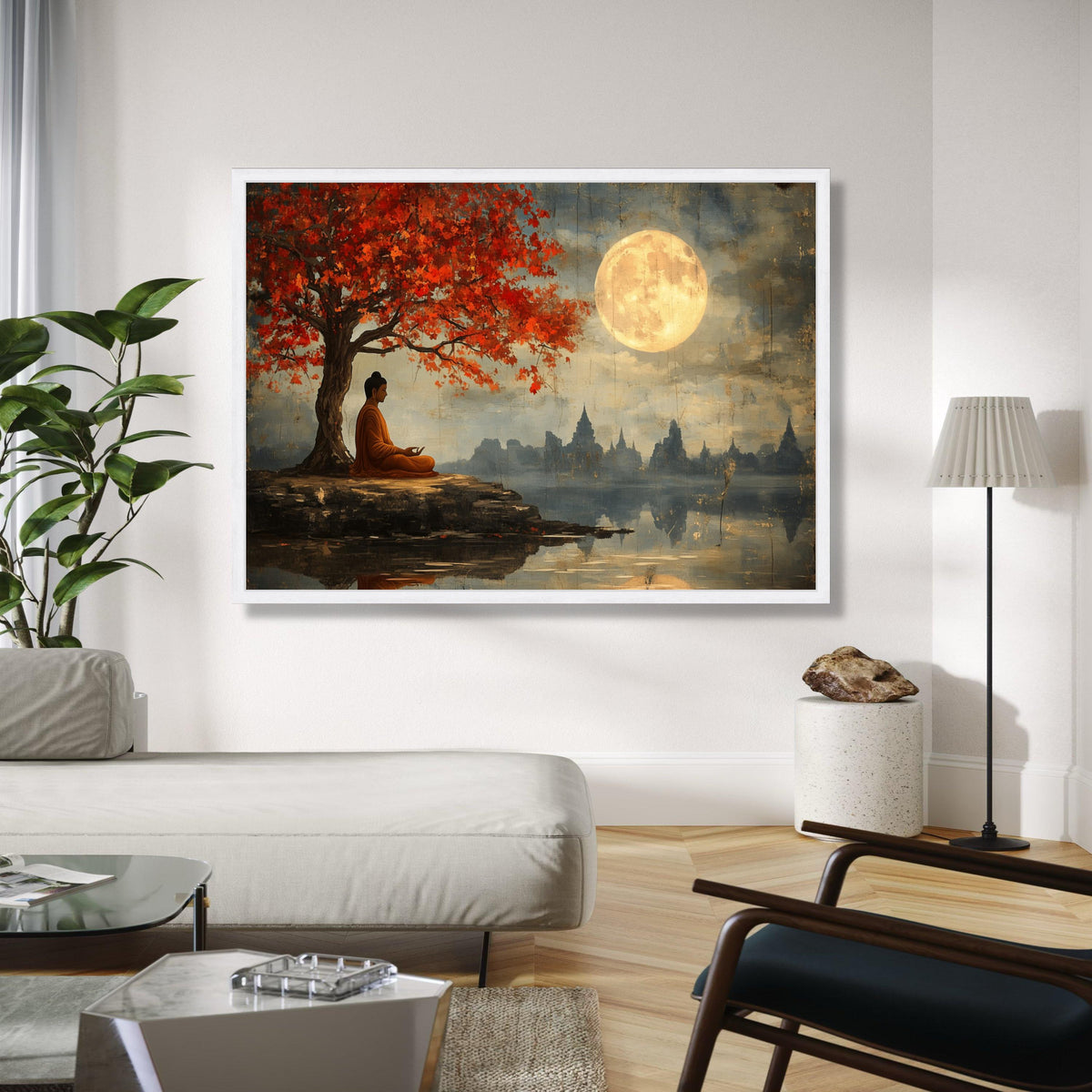 Meditative Buddha Under Red Maple Tree Canvas, Full Moon Serenity Wall Art, Tranquil Asian Landscape Painting, Gift Art, Home Decor, Print