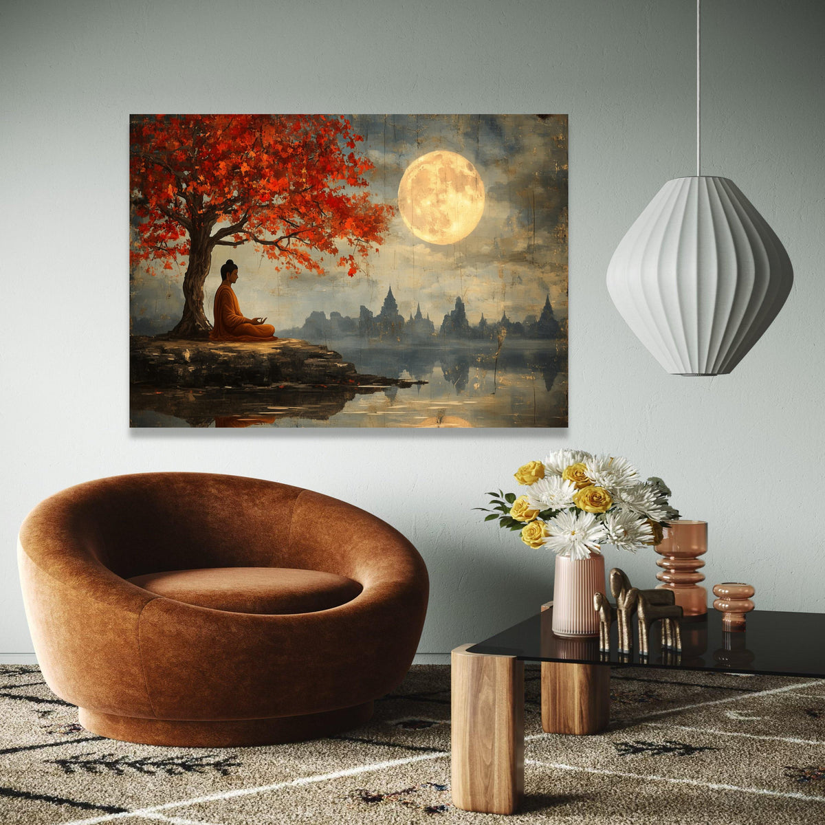 Meditative Buddha Under Red Maple Tree Canvas, Full Moon Serenity Wall Art, Tranquil Asian Landscape Painting, Gift Art, Home Decor, Print