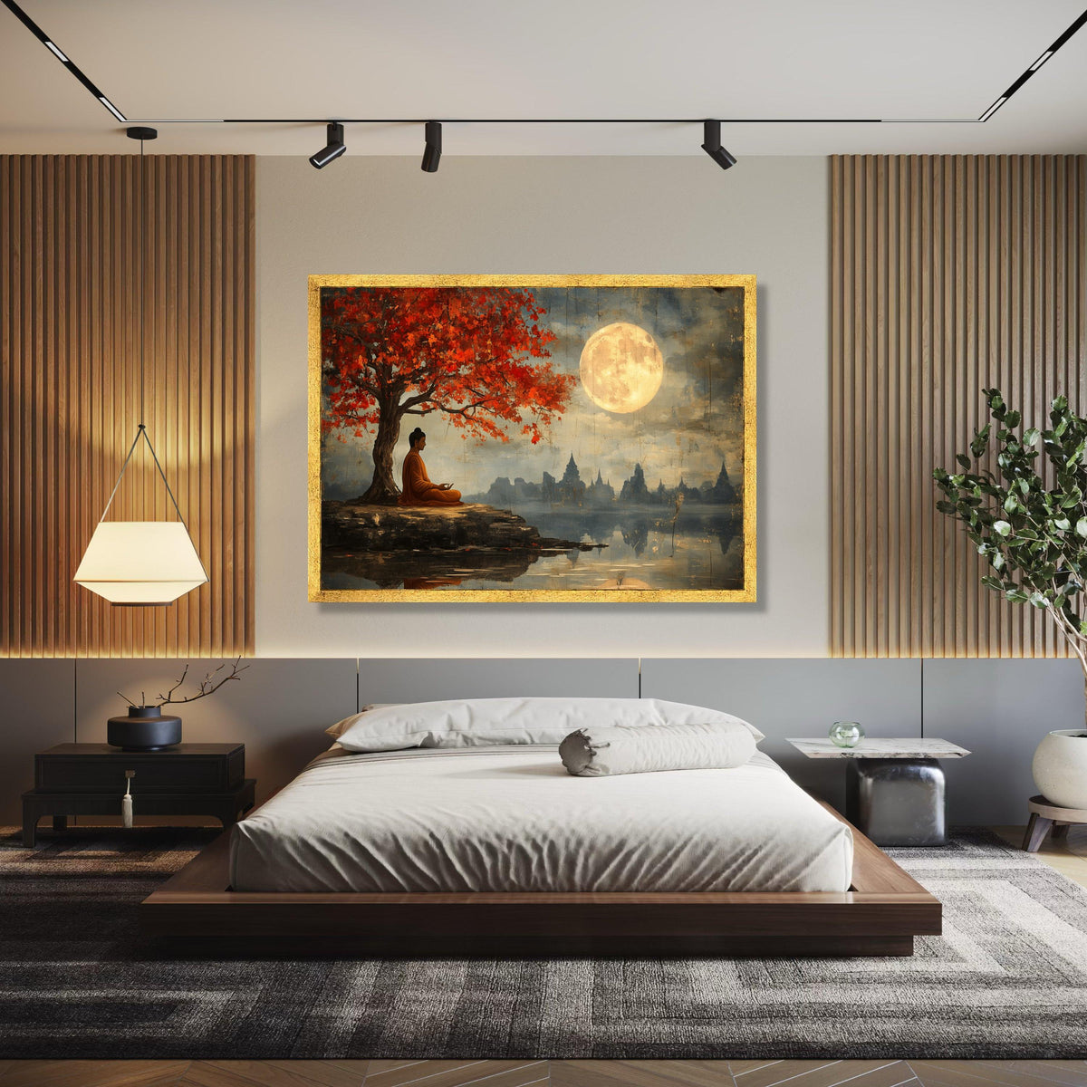 Meditative Buddha Under Red Maple Tree Canvas, Full Moon Serenity Wall Art, Tranquil Asian Landscape Painting, Gift Art, Home Decor, Print