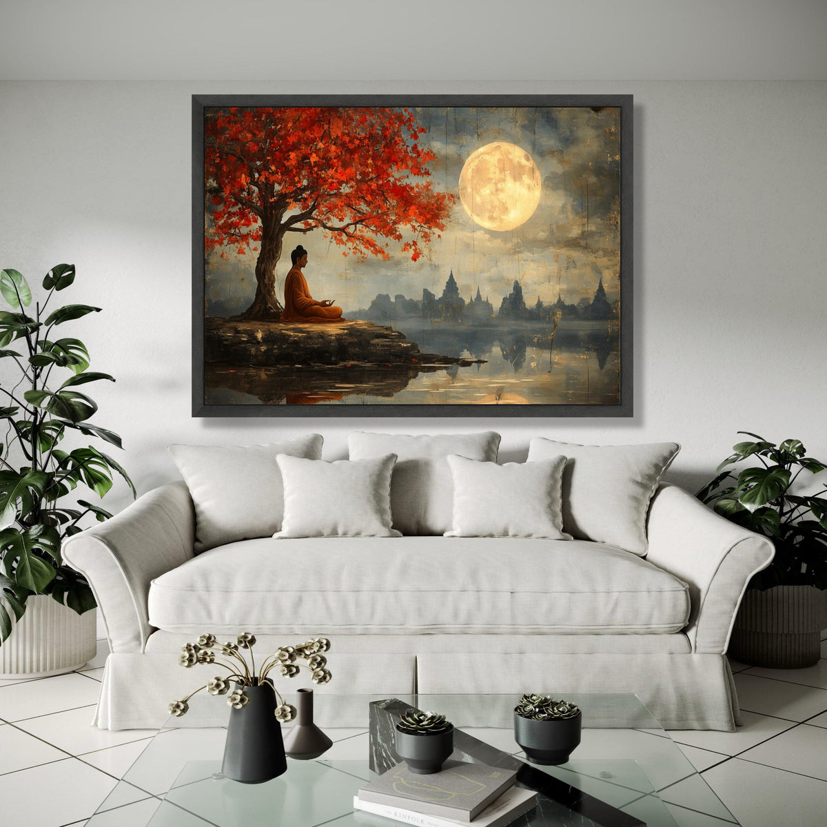 Meditative Buddha Under Red Maple Tree Canvas, Full Moon Serenity Wall Art, Tranquil Asian Landscape Painting, Gift Art, Home Decor, Print