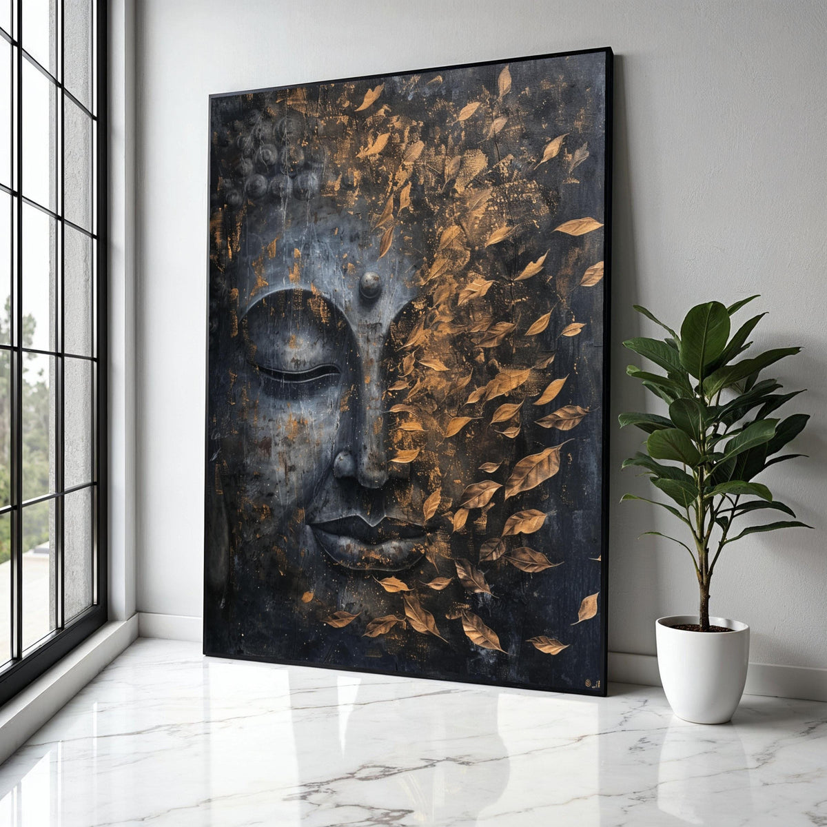 Tranquil Buddha Face Canvas, Golden Falling Leaves Wall Art, Spiritual Home Décor, Meditation Room Canvas, Zen Gift Art, Home Decor, Print