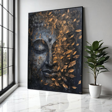 Tranquil Buddha Face Canvas, Golden Falling Leaves Wall Art, Spiritual Home Décor, Meditation Room Canvas, Zen Gift Art, Home Decor, Print