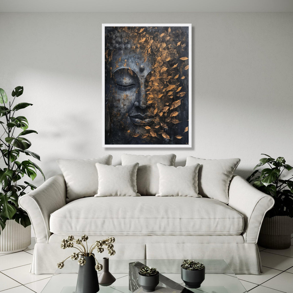 Tranquil Buddha Face Canvas, Golden Falling Leaves Wall Art, Spiritual Home Décor, Meditation Room Canvas, Zen Gift Art, Home Decor, Print