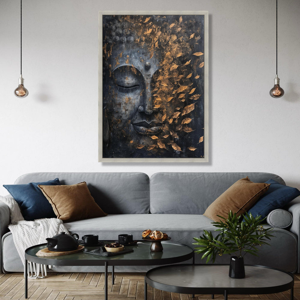 Tranquil Buddha Face Canvas, Golden Falling Leaves Wall Art, Spiritual Home Décor, Meditation Room Canvas, Zen Gift Art, Home Decor, Print
