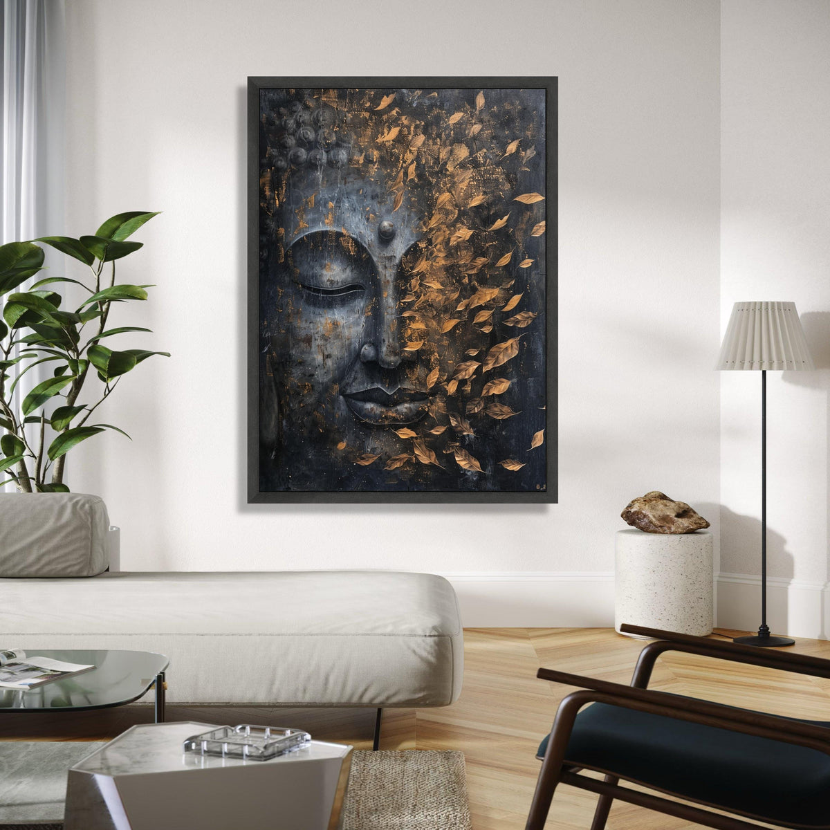 Tranquil Buddha Face Canvas, Golden Falling Leaves Wall Art, Spiritual Home Décor, Meditation Room Canvas, Zen Gift Art, Home Decor, Print