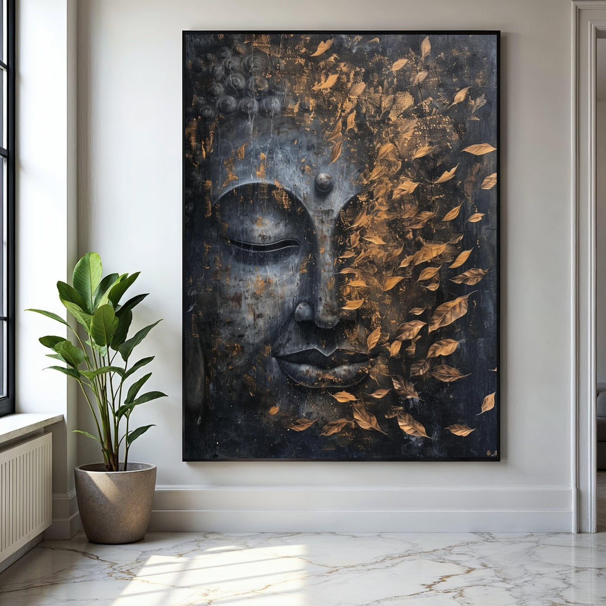 Tranquil Buddha Face Canvas, Golden Falling Leaves Wall Art, Spiritual Home Décor, Meditation Room Canvas, Zen Gift Art, Home Decor, Print