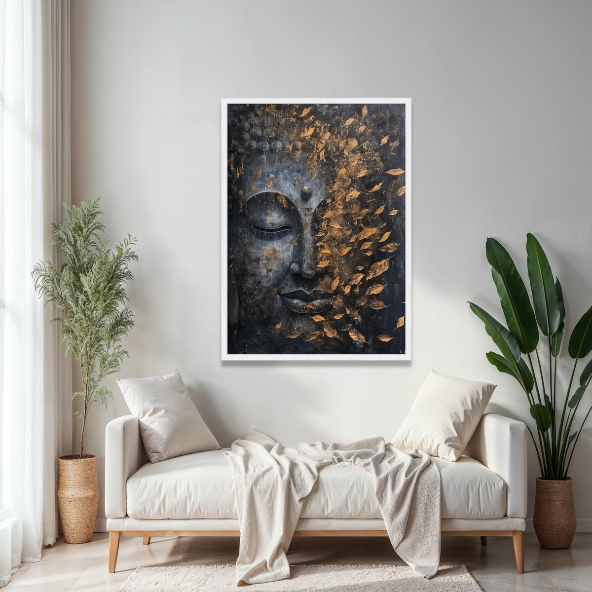 Tranquil Buddha Face Canvas, Golden Falling Leaves Wall Art, Spiritual Home Décor, Meditation Room Canvas, Zen Gift Art, Home Decor, Print