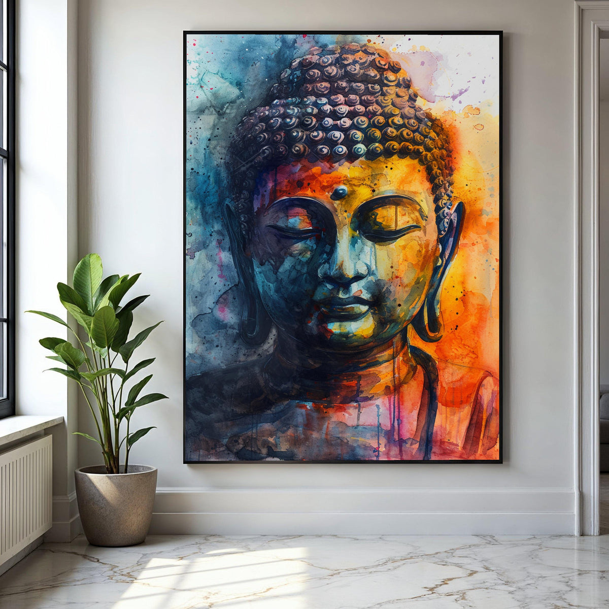 Vibrant Buddha Canvas Wall Art, Abstract Meditation Portrait, Spiritual Decor, Colorful Watercolor Painting, Zen Gift Art, Home Decor, Print