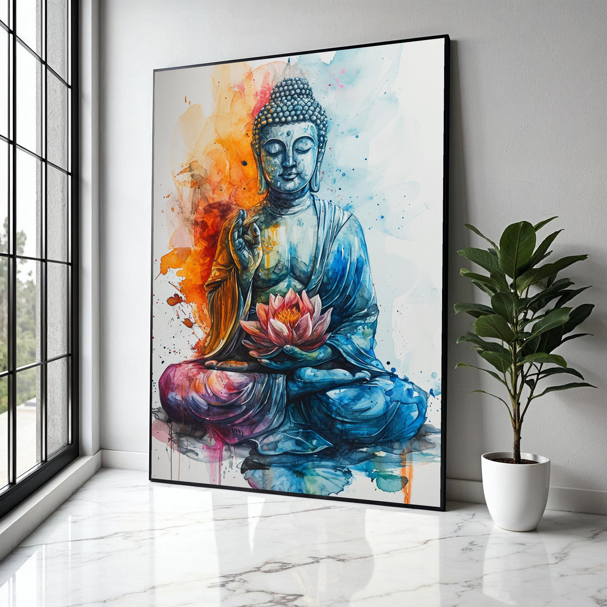Colorful Buddha Meditation Canvas, Lotus Flower Wall Art, Spiritual Zen Decor, Watercolor Style Canvas, Peaceful Gift Art, Home Decor, Print