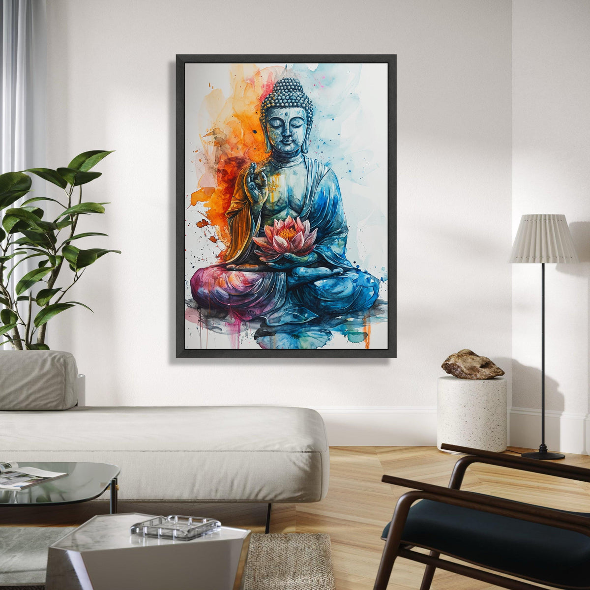 Colorful Buddha Meditation Canvas, Lotus Flower Wall Art, Spiritual Zen Decor, Watercolor Style Canvas, Peaceful Gift Art, Home Decor, Print
