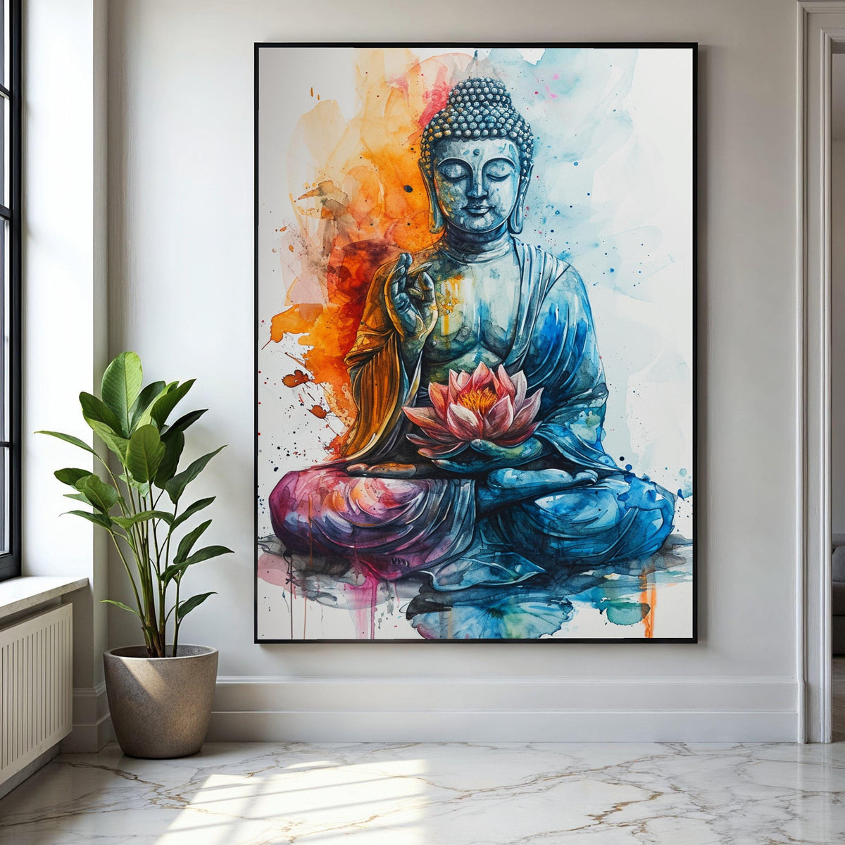 Colorful Buddha Meditation Canvas, Lotus Flower Wall Art, Spiritual Zen Decor, Watercolor Style Canvas, Peaceful Gift Art, Home Decor, Print