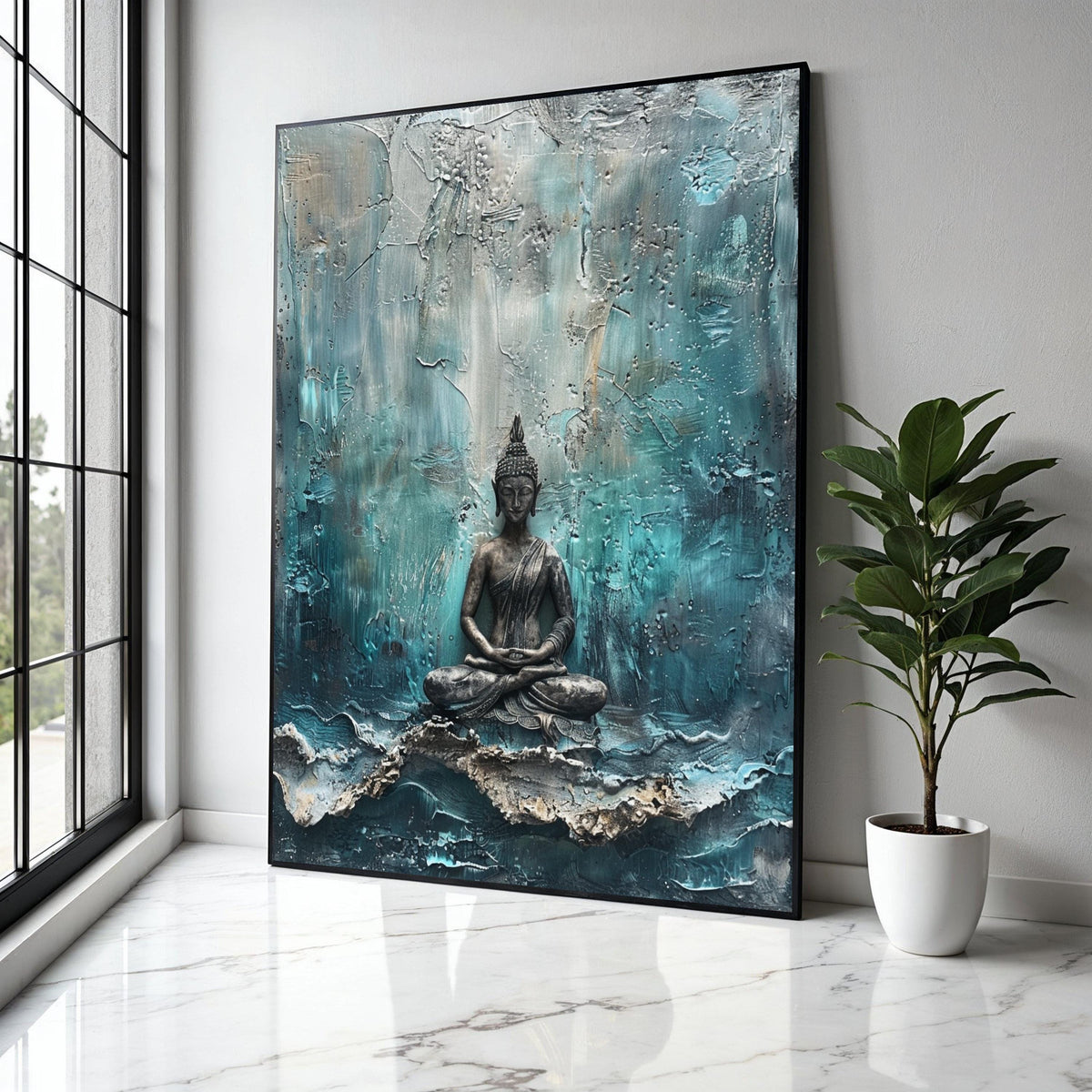 Meditating Buddha Statue Canvas, Abstract Background, Spiritual Wall Art, Zen Decor, Calm Meditation Canvas Gift Art, Home Decor, Print