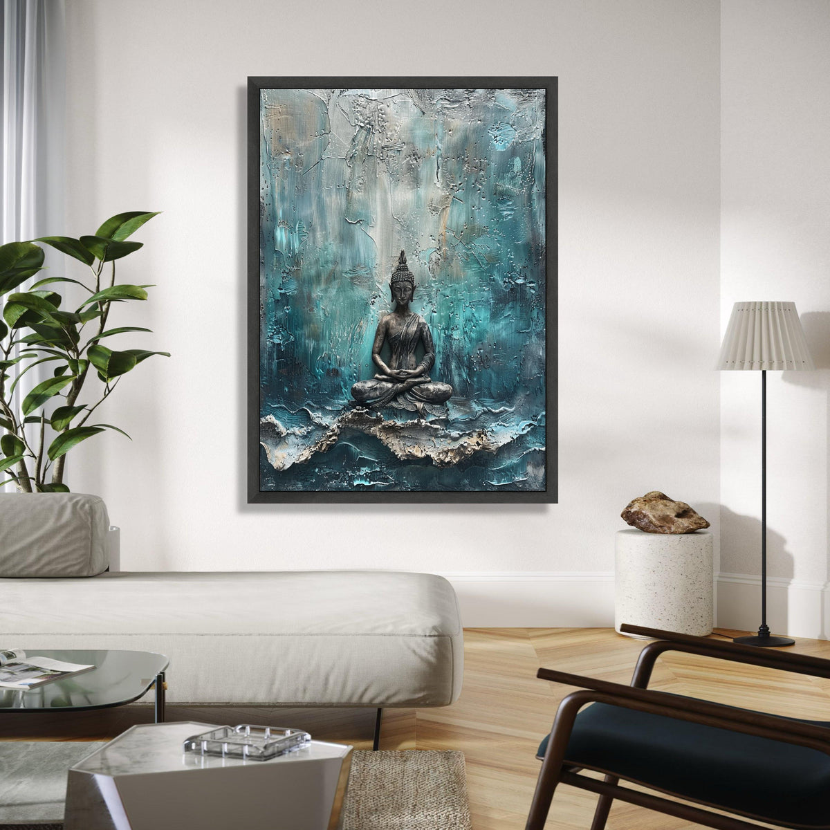 Meditating Buddha Statue Canvas, Abstract Background, Spiritual Wall Art, Zen Decor, Calm Meditation Canvas Gift Art, Home Decor, Print