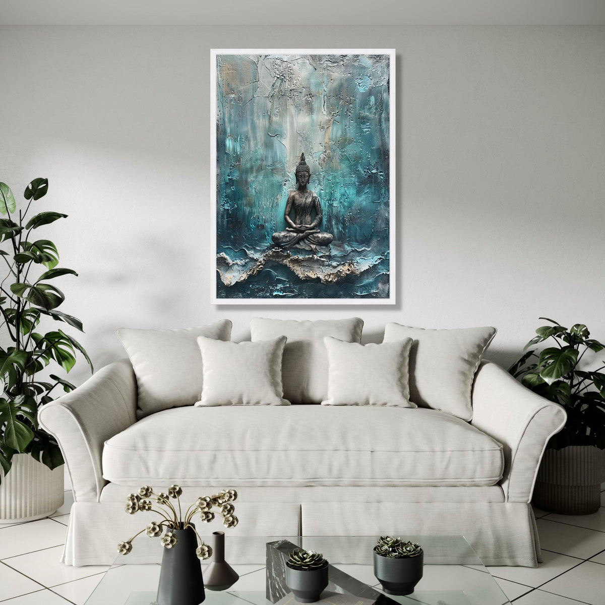 Meditating Buddha Statue Canvas, Abstract Background, Spiritual Wall Art, Zen Decor, Calm Meditation Canvas Gift Art, Home Decor, Print