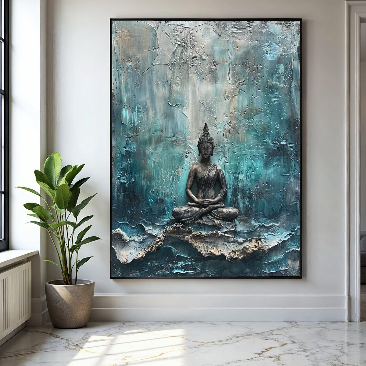 Meditating Buddha Statue Canvas, Abstract Background, Spiritual Wall Art, Zen Decor, Calm Meditation Canvas Gift Art, Home Decor, Print