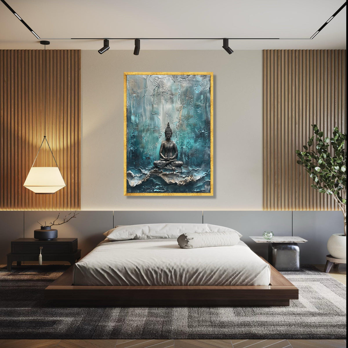Meditating Buddha Statue Canvas, Abstract Background, Spiritual Wall Art, Zen Decor, Calm Meditation Canvas Gift Art, Home Decor, Print