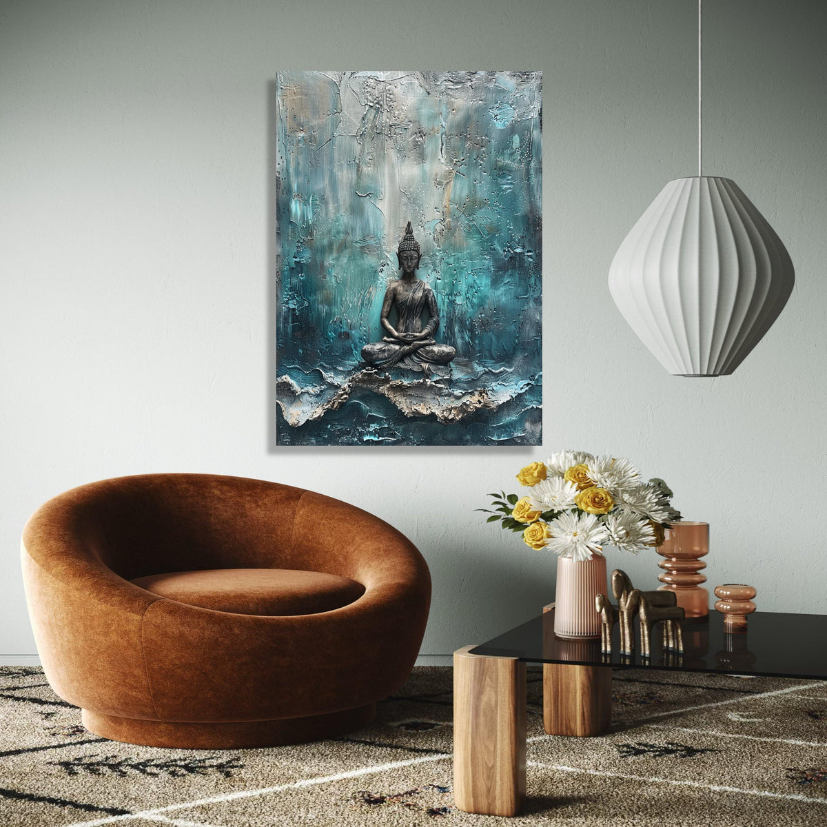 Meditating Buddha Statue Canvas, Abstract Background, Spiritual Wall Art, Zen Decor, Calm Meditation Canvas Gift Art, Home Decor, Print