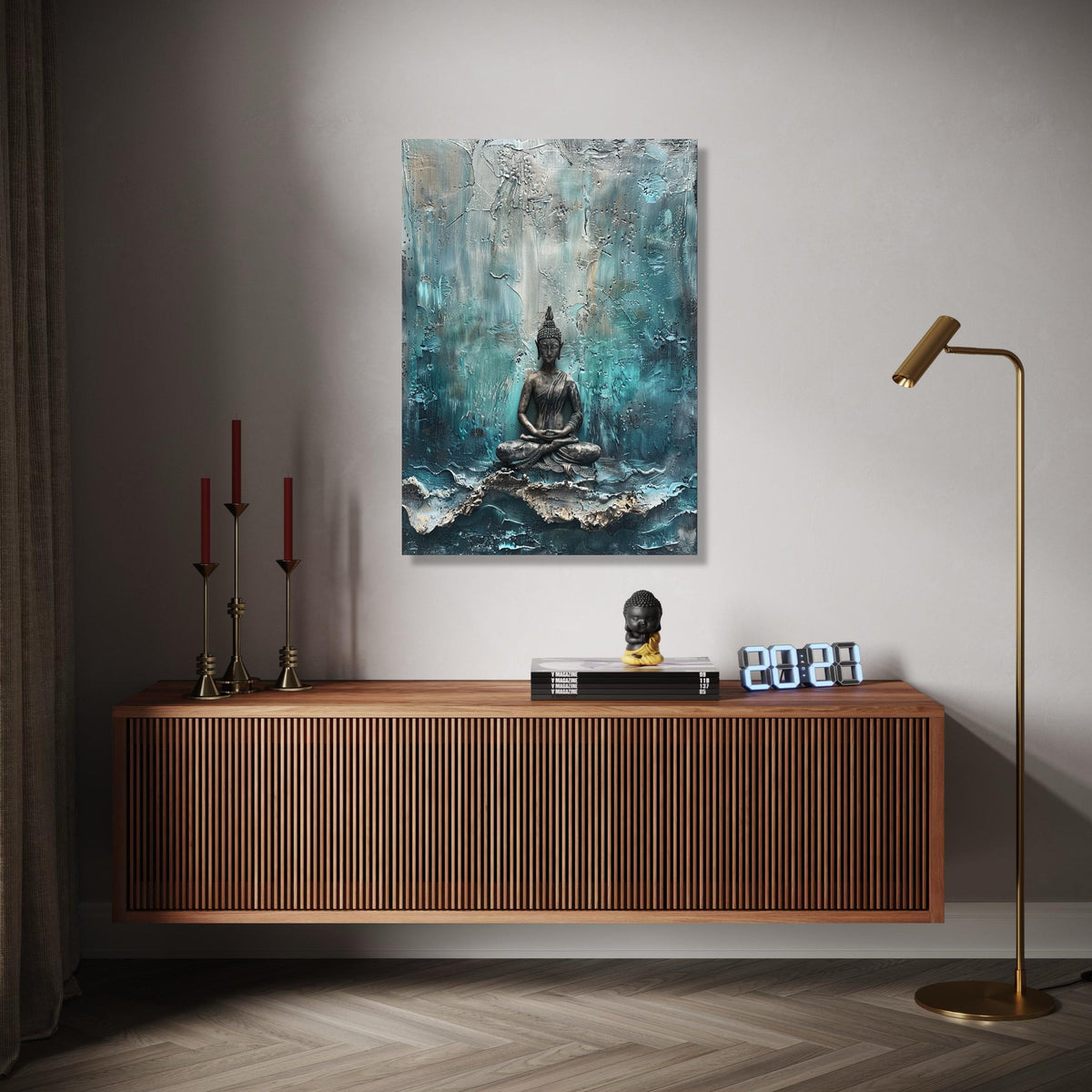 Meditating Buddha Statue Canvas, Abstract Background, Spiritual Wall Art, Zen Decor, Calm Meditation Canvas Gift Art, Home Decor, Print