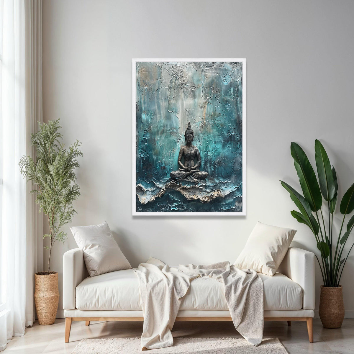 Meditating Buddha Statue Canvas, Abstract Background, Spiritual Wall Art, Zen Decor, Calm Meditation Canvas Gift Art, Home Decor, Print