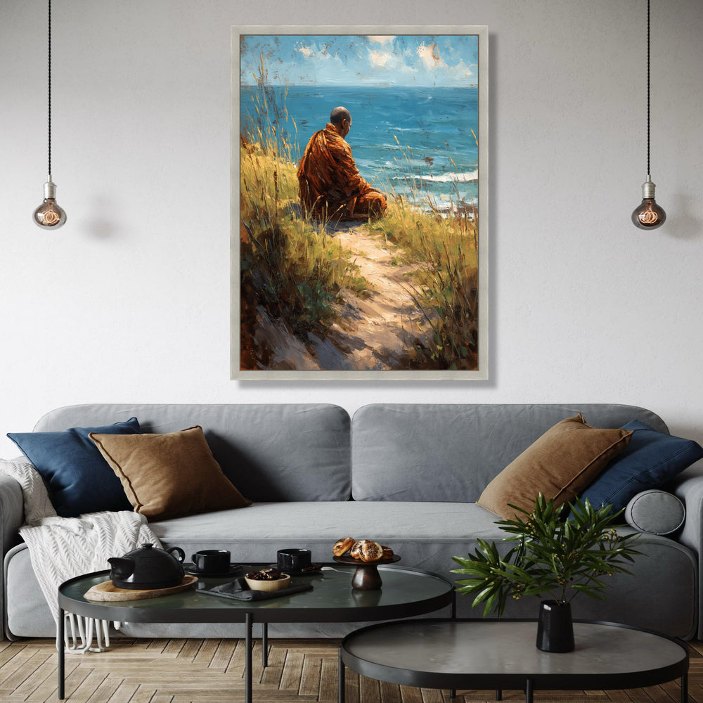 Meditative Monk by Ocean Canvas Wall Art, Tranquil Seaside Landscape, Spiritual Nature Painting, Coastal Gift Art, Home Decor, Print