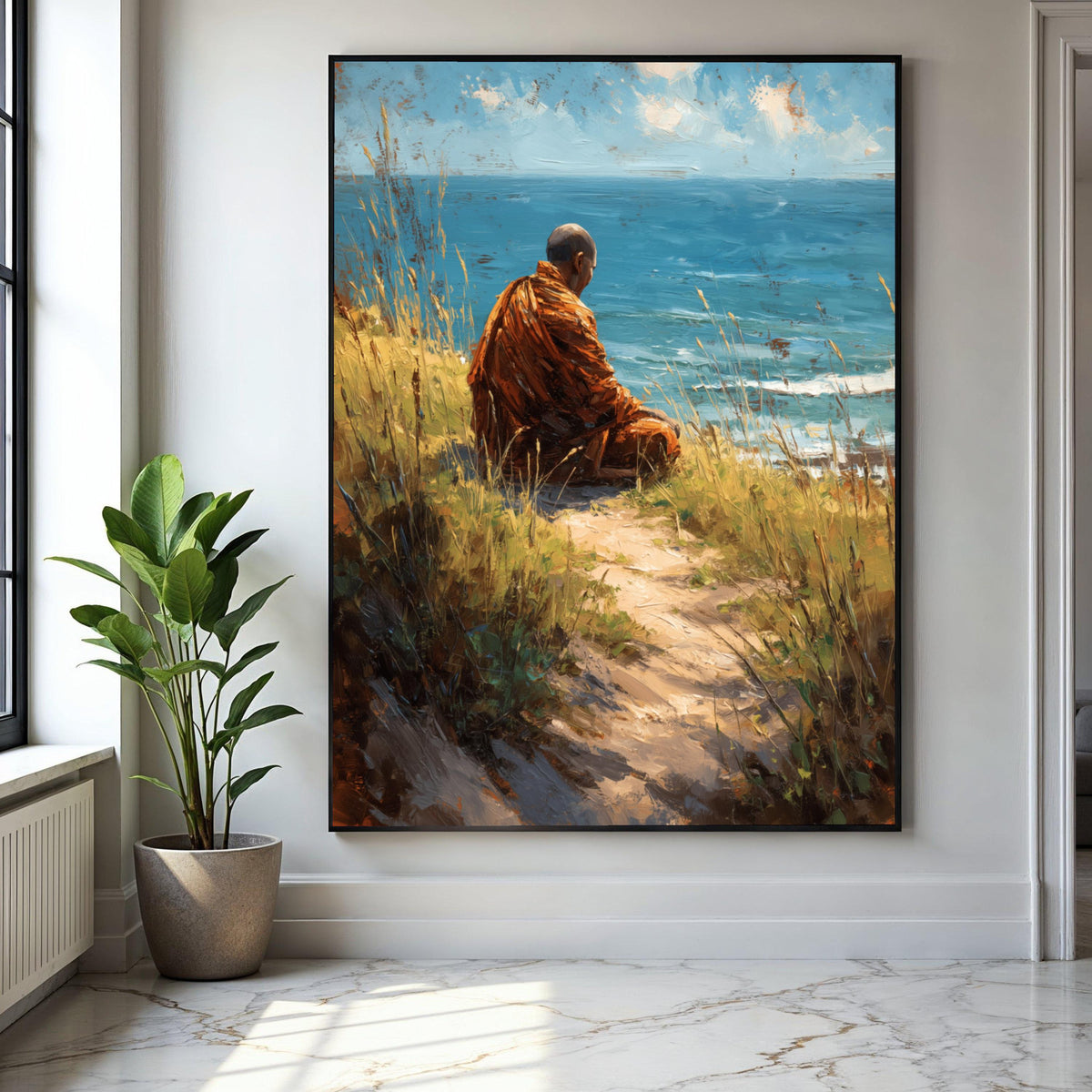 Meditative Monk by Ocean Canvas Wall Art, Tranquil Seaside Landscape, Spiritual Nature Painting, Coastal Gift Art, Home Decor, Print