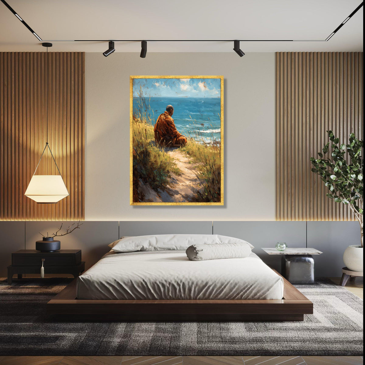 Meditative Monk by Ocean Canvas Wall Art, Tranquil Seaside Landscape, Spiritual Nature Painting, Coastal Gift Art, Home Decor, Print
