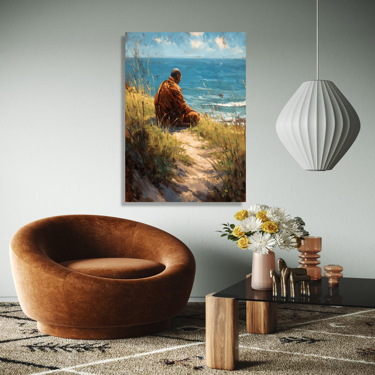 Meditative Monk by Ocean Canvas Wall Art, Tranquil Seaside Landscape, Spiritual Nature Painting, Coastal Gift Art, Home Decor, Print