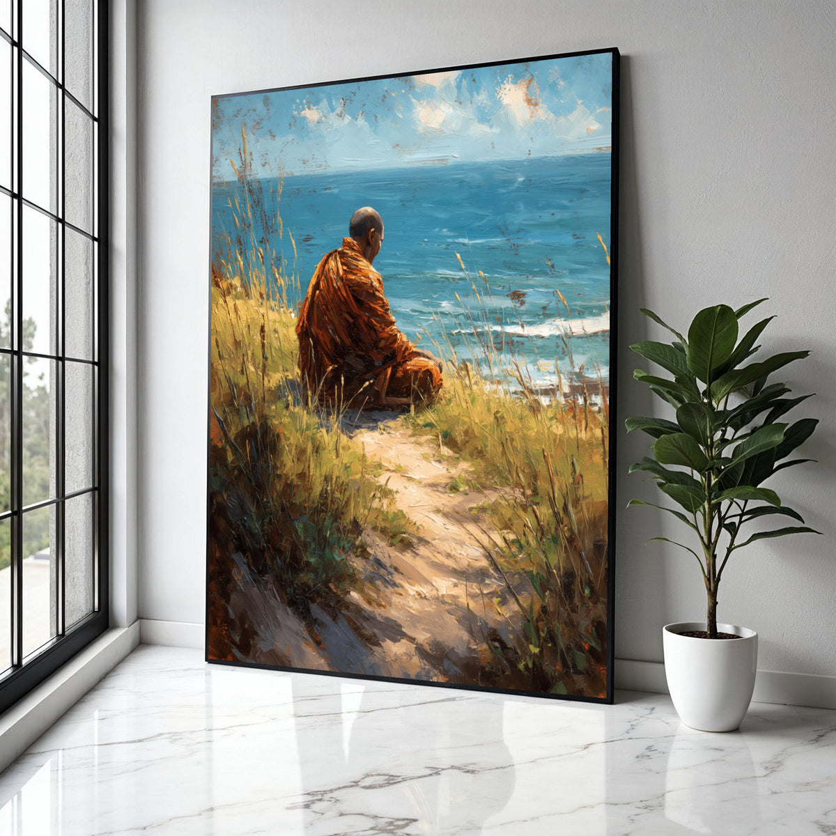 Meditative Monk by Ocean Canvas Wall Art, Tranquil Seaside Landscape, Spiritual Nature Painting, Coastal Gift Art, Home Decor, Print