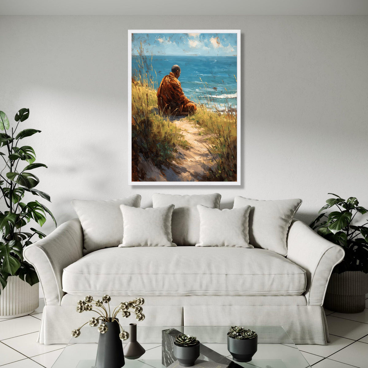 Meditative Monk by Ocean Canvas Wall Art, Tranquil Seaside Landscape, Spiritual Nature Painting, Coastal Gift Art, Home Decor, Print