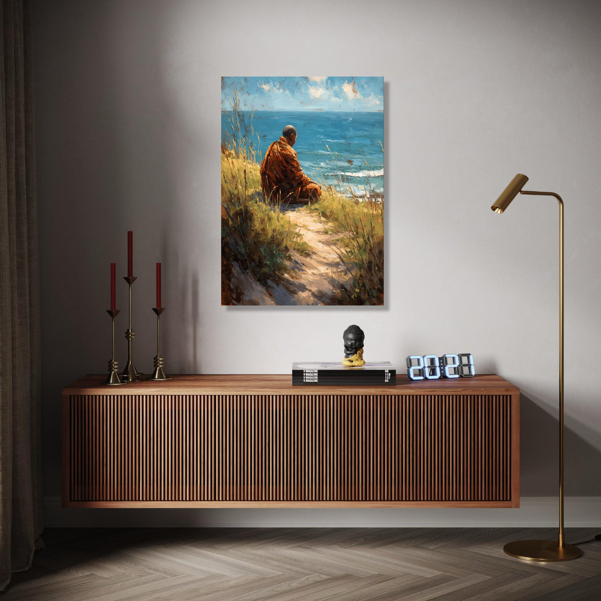 Meditative Monk by Ocean Canvas Wall Art, Tranquil Seaside Landscape, Spiritual Nature Painting, Coastal Gift Art, Home Decor, Print