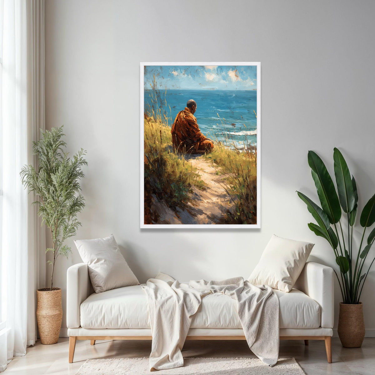 Meditative Monk by Ocean Canvas Wall Art, Tranquil Seaside Landscape, Spiritual Nature Painting, Coastal Gift Art, Home Decor, Print