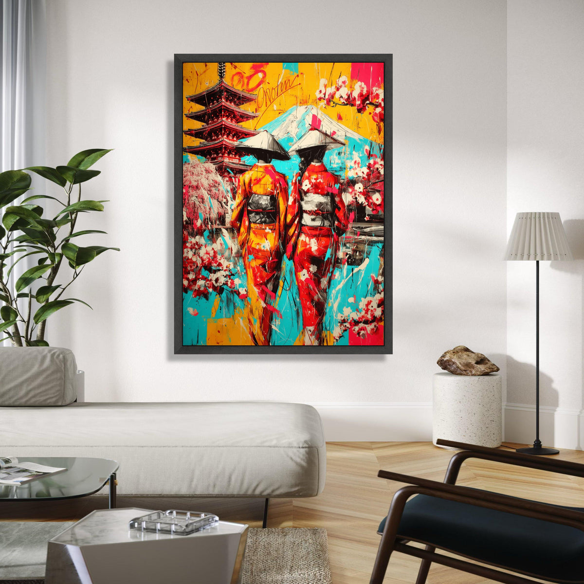 Vibrant Japanese Geisha Canvas Art, Mount Fuji & Pagoda Landscape, Colorful Kimono Wall Decor, Oriental Culture Gift Art, Home Decor, Print