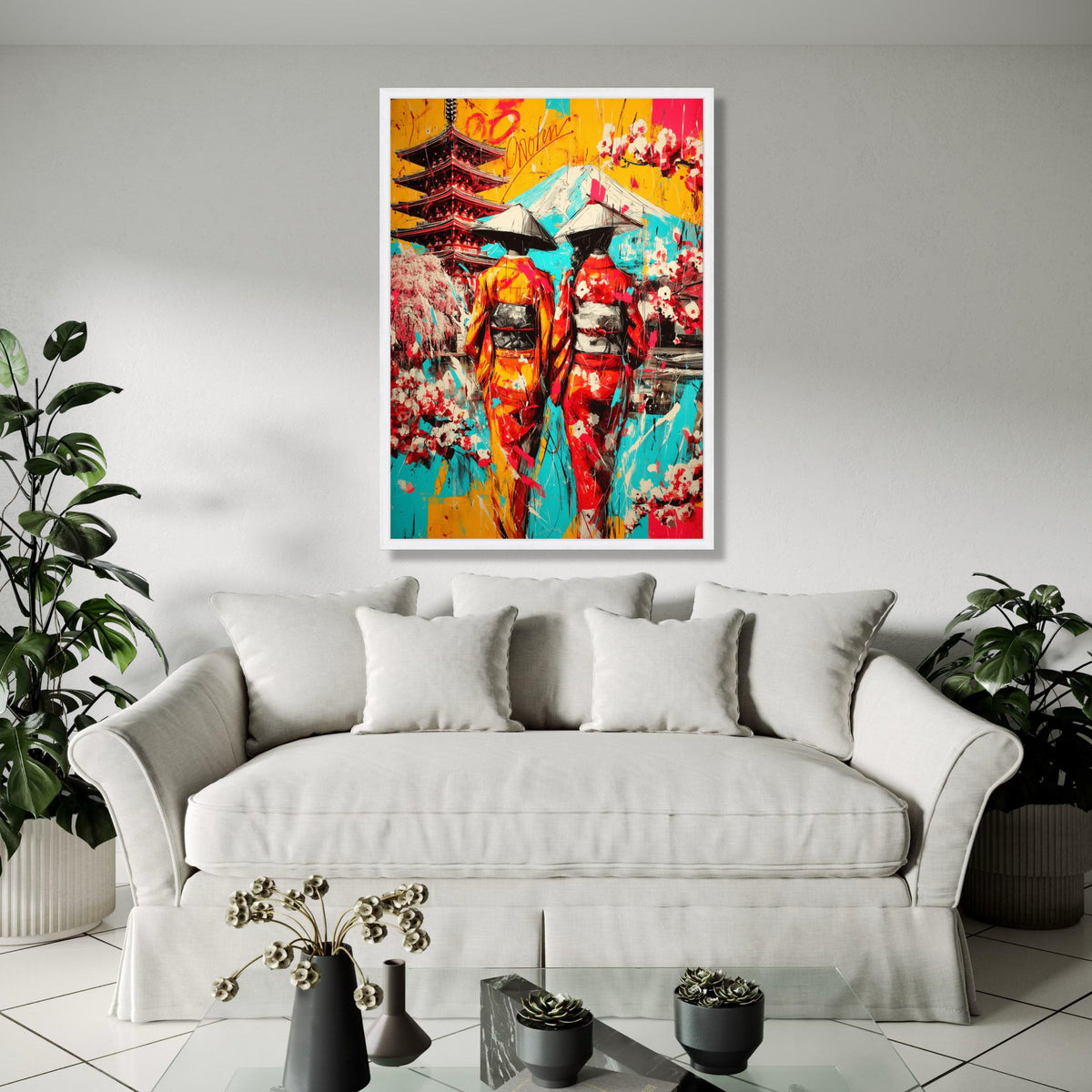 Vibrant Japanese Geisha Canvas Art, Mount Fuji & Pagoda Landscape, Colorful Kimono Wall Decor, Oriental Culture Gift Art, Home Decor, Print