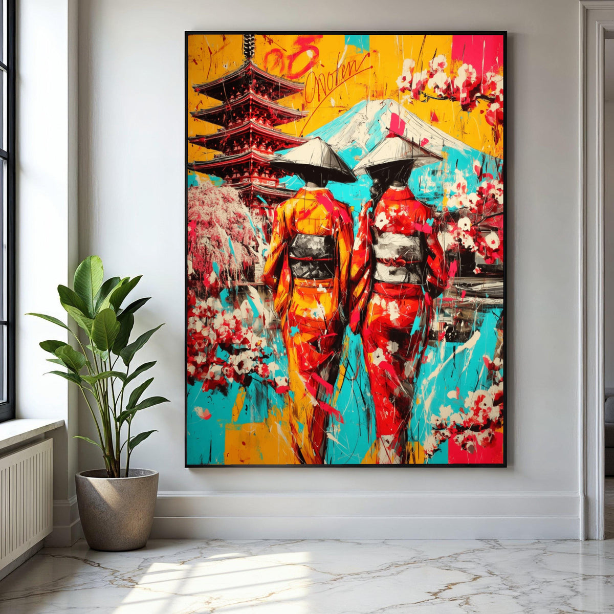 Vibrant Japanese Geisha Canvas Art, Mount Fuji & Pagoda Landscape, Colorful Kimono Wall Decor, Oriental Culture Gift Art, Home Decor, Print