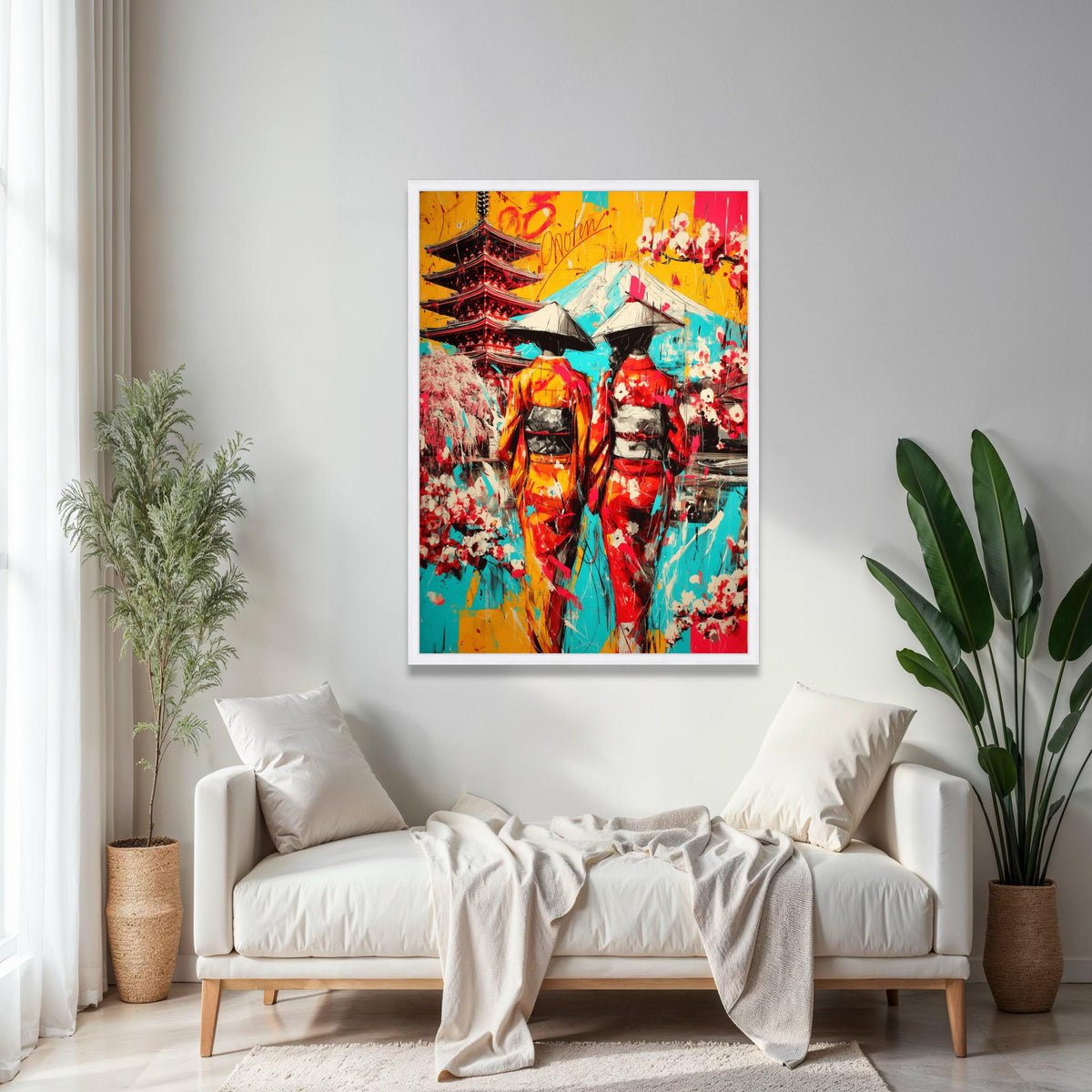 Vibrant Japanese Geisha Canvas Art, Mount Fuji & Pagoda Landscape, Colorful Kimono Wall Decor, Oriental Culture Gift Art, Home Decor, Print